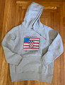 Hoodie, Vintage (Darker) Grey Featuring Large U.S. Flag & Croatian GRB Merged; with "Born in America with Croatian Parts!"  Made with Certified 100% Organic Materials!