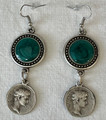 Croatian Heritage Jewelry: ROMAN COIN Earrings, with Emerald Green Stones, Imported from Croatia: NEW 10-21! ONE PAIR AVAILABLE! SALE!