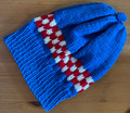 *Hrvatska Designs by Gloria ** ~ Hand Knit Blue Stocking Cap with ŠAHOVNICA Design: NEW! (Adult Medium-Large):  ONE AVAILABLE!