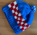 *Hrvatska Designs by Gloria ** ~ Hand Knit Blue Stocking Cap with ŠAHOVNICA Design: NEW! (0-6 months) with Croatian Blue/White Tassel! SOLD OUT!