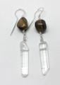 Handcrafted in sterling silver with Tigers Eye and Crystal Quartz. They hang approximately 2-1/2 t0 3 inches below the ear. Because the stones are natural, no two are the same.  Tigers eye is associated with the Solar Plexis chakra, aids in balance and harmony and helps dispel anxiety and fears. It brings one better inner vision and understanding of situations around ones self. Helps with manifestations by strengthening ones will and intentions.
