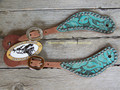 Spur Straps - Harness Leather, Exotic Print, SS Dots (Adult - Antique Turquoise Western Tool)