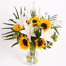 Sunflowers and Lily Mix with Fresh Greens 