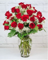 24 Fresh Roses with Baby Breath and Fresh Greens with Vase