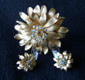 Blue Rhinestone and Goldtone Flower Pin and Earring Set