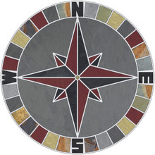 -Mariners Compass Rose Tile Mosaic Medallion with Gray & Multi Slate plus NSEW Lettering