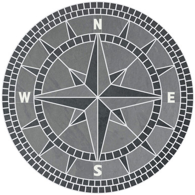 Natural Slate Stone Classic Compass Rose Tile Mosaic Medallion
 Black & Gray Slate with Crème Colored Honed Marble NSEW Lettering
