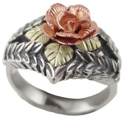 Black Hills Gold Sterling Silver Oxidized 3D Dakota Rose Ring 12K Leaves Size 8