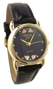 Women's Black Hills Gold Watch Leather Band Black Face Four 12K Gold Leaves