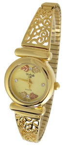 Womens Black Hills Gold & Crystal Accents Watch 12K Gold Leaves Champagne Face
