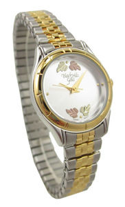 Womens Black Hills Gold Watch Stainless Steel Stretch 12K Leaves Silvertone Face
