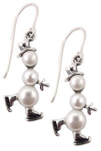Sterling Silver Ice Skating Snowman Pearl Earrings French Hook Holiday Jewelry