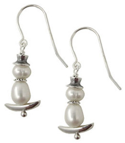 Sterling Silver Snowboarding Snowman Pearl Earrings French Hook Holiday Jewelry