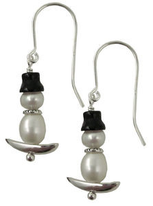 Sterling Silver Snowboarding Snowman Pearl Earrings with Onyx Hat French Hooks