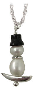 Sterling Silver Snowboarding Snowman Pearl Pendant Onyx Hat, FREE Silver Chain
