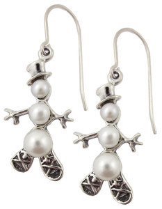 Sterling Silver Snowshoe Snowman Pearl Earrings French Hook Holiday Jewelry
