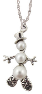 Sterling Silver Snowshoe Snowman Pearl Pendant w/ 18" Rope Chain Holiday Jewelry