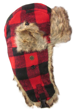 Dakota Dan Buffalo Plaid Red Winter Trooper or Bomber Hat or Cap Faux Rabbit Fur