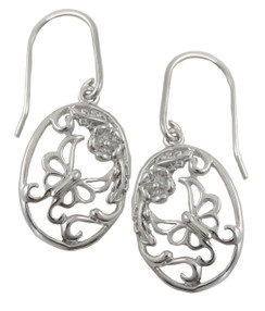 Sterling Silver Garden Butterfly Oval French Hook Dangling Earrings .925