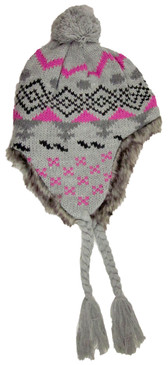 Dakota Dan Winter Pom Pom Hat Peruvian Knit Faux Rabbit Fur Trim Zig Zag Gray