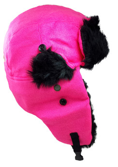 Dakota Dan Winter Trooper Hat Neon Pink Knit with Faux Fur Trim Ear Flap Hat