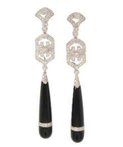 French Style Chinese Genre Art Deco Diamond and Black Jade Long Drop Earrings. From Esther Gallant. 18K