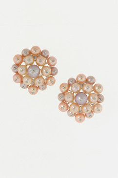Diamond Studded Peach and Lavender Pearl Earrings.  14k.