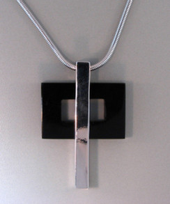 Contemporary Onyx and Sterling Silver Cross on 18 inch Sterling Silver Snake Chain. Exclusive.