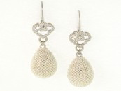 Teeny Tiny Hand Woven Natural Seed Pearl Earrings Drop from Diamond Filigree Wires. 18K White God.
