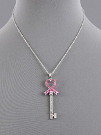 Breast Cancer Awareness Pink Ribbon Heart Throb Key Necklace