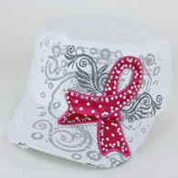 Breast Cancer Awareness Pink Ribbon White Distressed Cadet Cap
