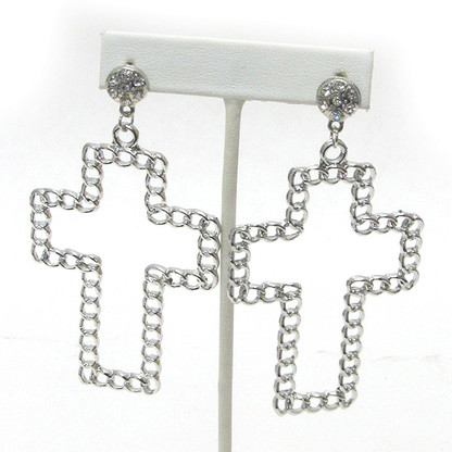 Chain Cross Drop Earrings - Silver