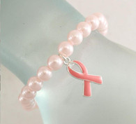 Pink Ribbon Pearl Charm Stretch Bracelet