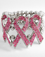 Breast Cancer Awareness Pink Ribbon Three Crystal Charm Stretch Bracelet