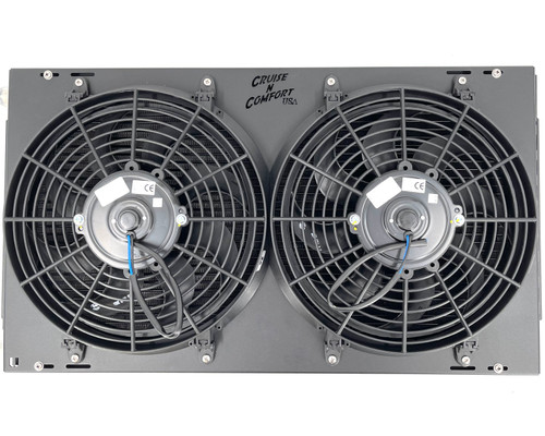 Dual Fan Parallel Flow Condenser. Unit is powder coated aluminum and is fitted with dust and water resistant fans. Application HD/VES Series.