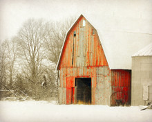 Weathered Red Barn in Morning Snow