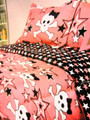 TWIN XL - Pink Cookie - Rock Star Pink, Black & White Stars, Skulls & Crossbones SHAM, BEDSKIRT, SHEETS & COMFORTER SET