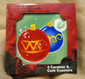 SET OF 4 -  Ceramic and Cork Christmas Ornament HOLIDAY COASTERS