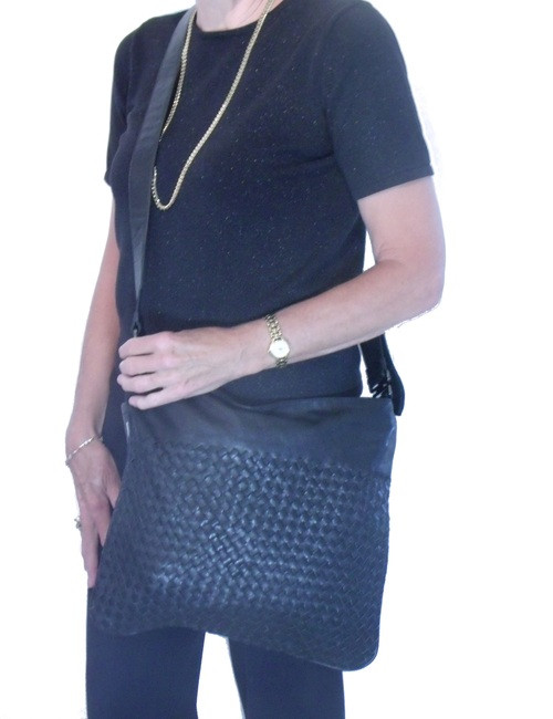 BESSO Black Woven Leather Luxury Italian Shoulder Bag Handbag Purse B14 