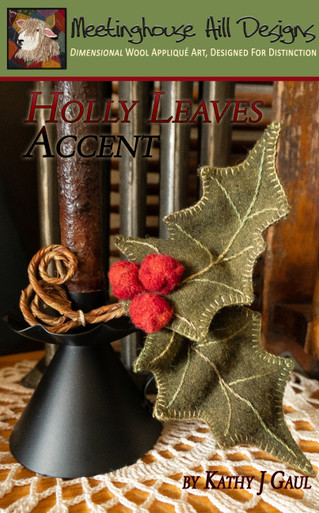 A pair of wired holly leaves with wool berries are shapeable and look charming on a candle stand, as a package decoration or ornament!  Pair with our 9" timer tapers and candle stands.  As shown the leaves measure about 5" x 7" as a pair.