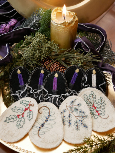 Close up showing the detail on these Advent ornaments.  "Lighting the Way" by Kathy J. Gaul of Meetinghouse Hill Designs.
