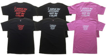 100% cotton tees available in black with red or white ink or pink with white in.