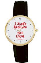 Gold case quartz watch with genuine leather padded band available in black