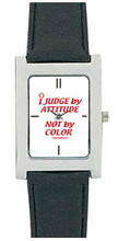 Unisex rectangular silver color watch with genuine leather band.