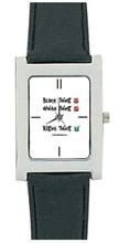 Unisex rectangular silver color watch with genuine leather band in black.