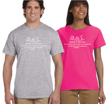 SMILE on men's sports grey or ladie's cut hot pink. 