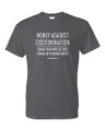 White ink on a charcoal heather, 6 oz., 100% preshrunk cotton tee.