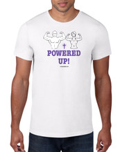 White cotton shirt with "Powered Up", cross, man and woman figures.