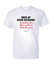 White, 100% pre-shrunk cotton tee, screen printed in red and black