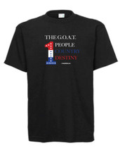 Black T-shirt screen printed in red, white and blue. 